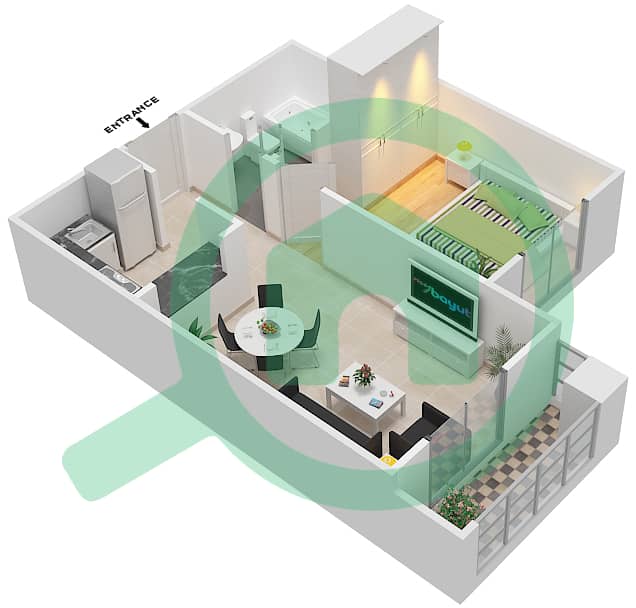 المخططات الطابقية لتصميم الوحدة 26 شقة 1 غرفة نوم - قصر صباح 3 interactive3D