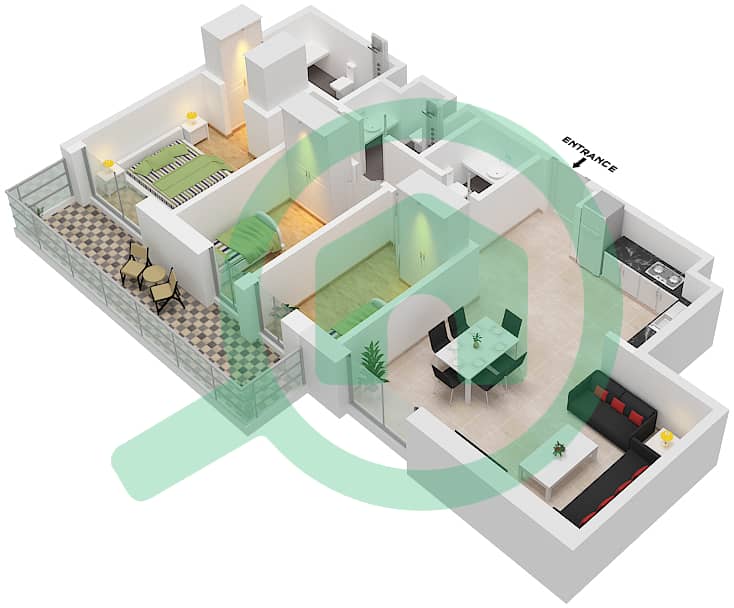 Аль Раха Лофтс - Апартамент 3 Cпальни планировка Тип 3B-2 interactive3D