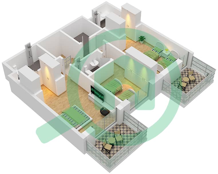 المخططات الطابقية لتصميم النموذج 4DB-1 شقة 4 غرف نوم - الراحة لوفتس Upper Floor interactive3D