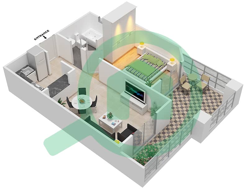 المخططات الطابقية لتصميم الوحدة 3 شقة 1 غرفة نوم - قصر صباح 3 interactive3D