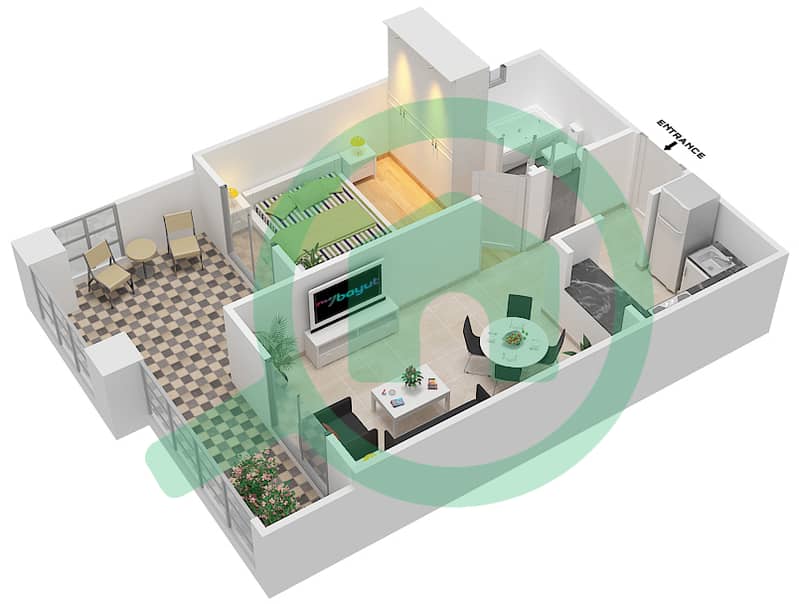 المخططات الطابقية لتصميم الوحدة 5 شقة 1 غرفة نوم - قصر صباح 3 interactive3D