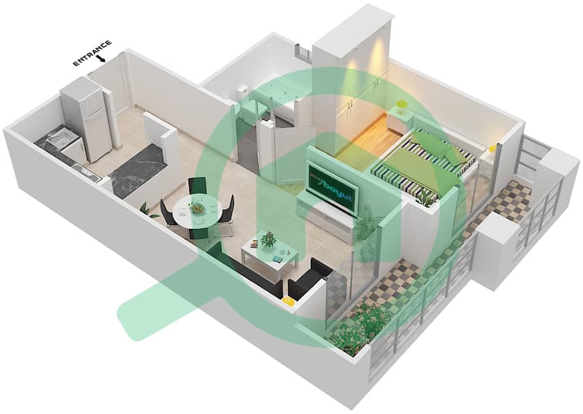 المخططات الطابقية لتصميم الوحدة 12 شقة 1 غرفة نوم - قصر صباح 3 interactive3D