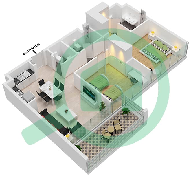 المخططات الطابقية لتصميم النموذج B شقة 2 غرفة نوم - البوابة interactive3D