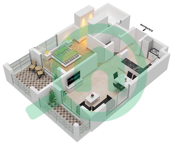المخططات الطابقية لتصميم الوحدة B-204 شقة 1 غرفة نوم - روكسانا ريزيدنس interactive3D