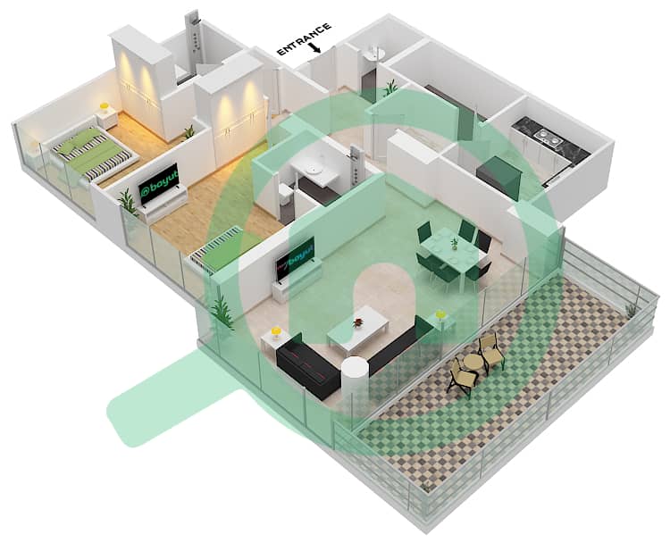 高尔夫景观住宅2号 - 2 卧室公寓单位2A-FLOOR-3戶型图 Floor-3 interactive3D