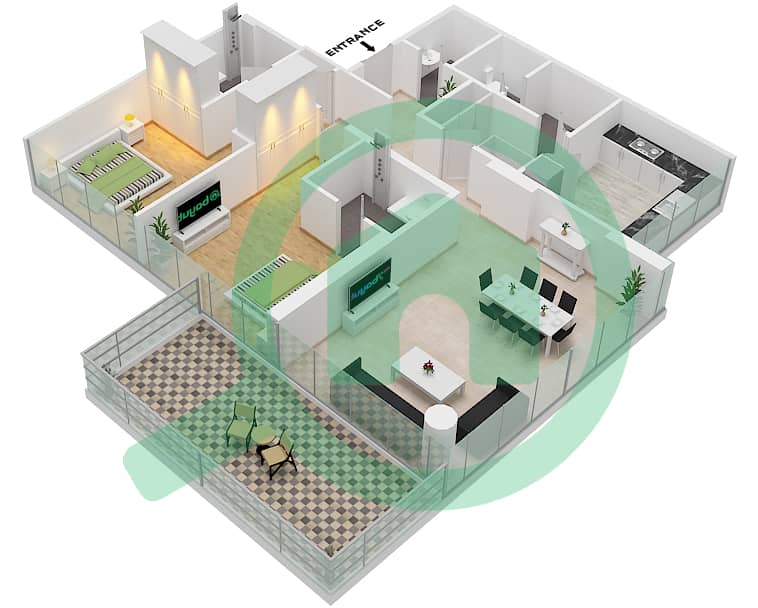 المخططات الطابقية لتصميم الوحدة 2A-FLOOR-4 شقة 2 غرفة نوم - جولف فيستا 2 Floor-4 interactive3D