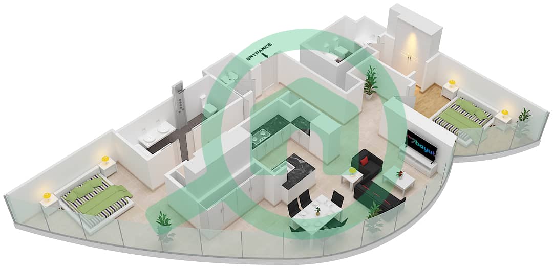 المخططات الطابقية لتصميم النموذج A شقة 2 غرفة نوم - برج خليفة interactive3D