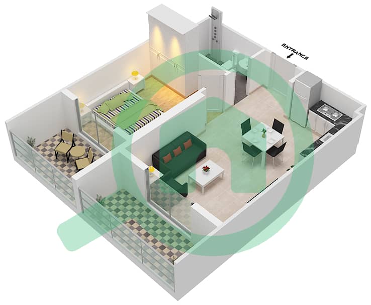 المخططات الطابقية لتصميم الوحدة 28 شقة 1 غرفة نوم - بن غاطي بوينت interactive3D