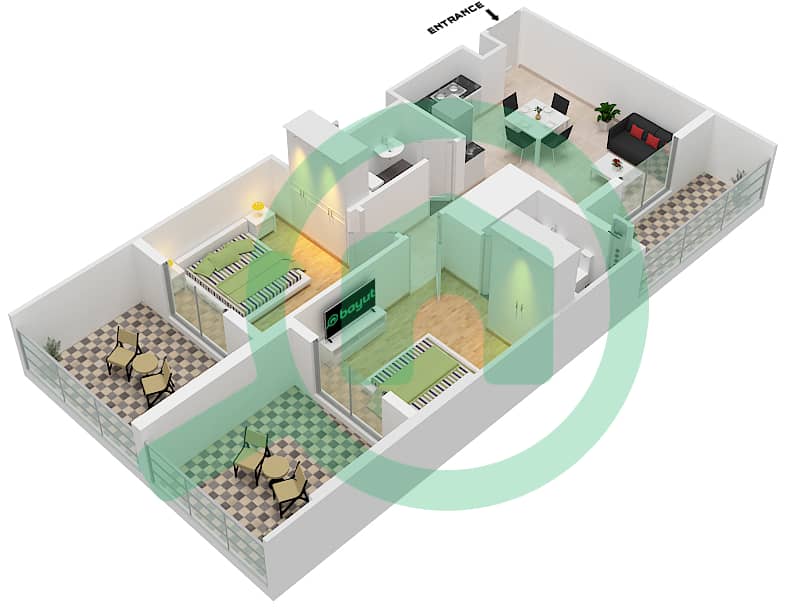 المخططات الطابقية لتصميم الوحدة 30 شقة 2 غرفة نوم - بن غاطي بوينت interactive3D