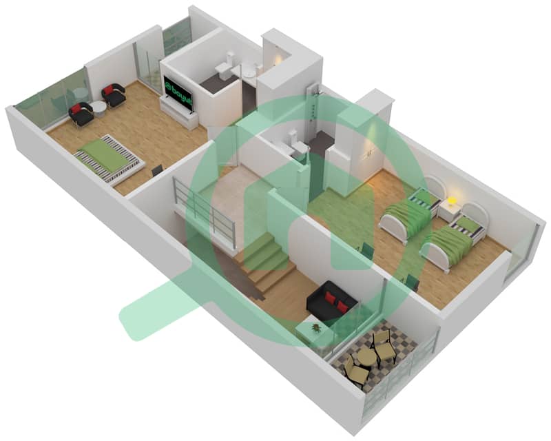 Виллы Сендиан - Таунхаус 2 Cпальни планировка Тип A First Floor interactive3D