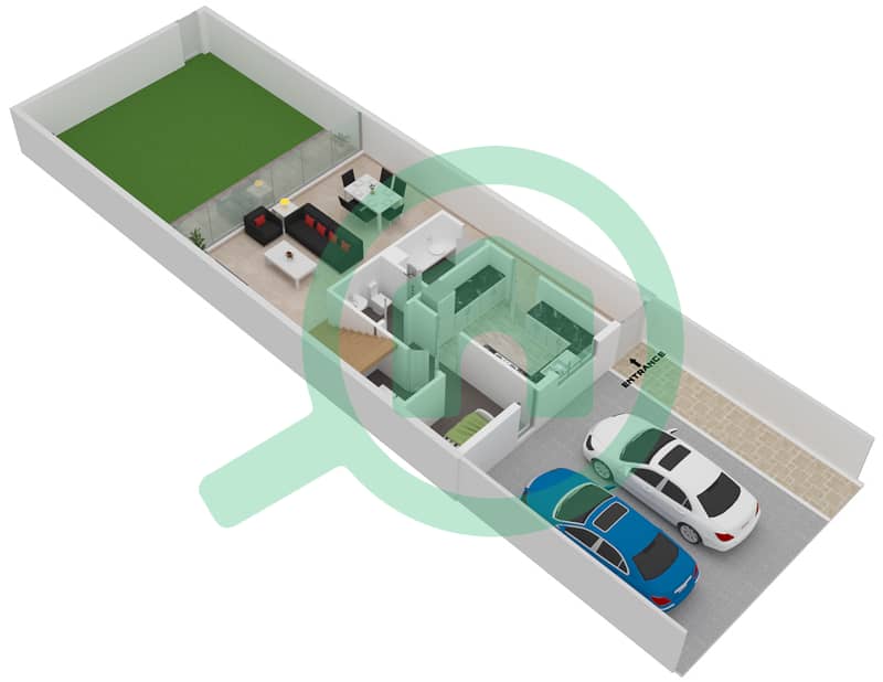 المخططات الطابقية لتصميم النموذج A تاون هاوس 2 غرفة نوم - فلل سنديان Ground Floor interactive3D