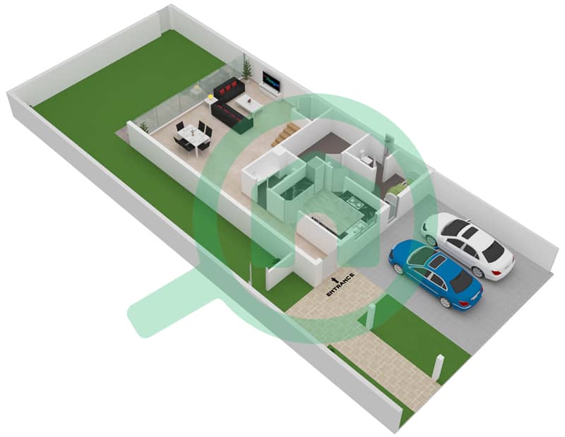 المخططات الطابقية لتصميم النموذج B تاون هاوس 3 غرف نوم - فلل سنديان Ground Floor interactive3D