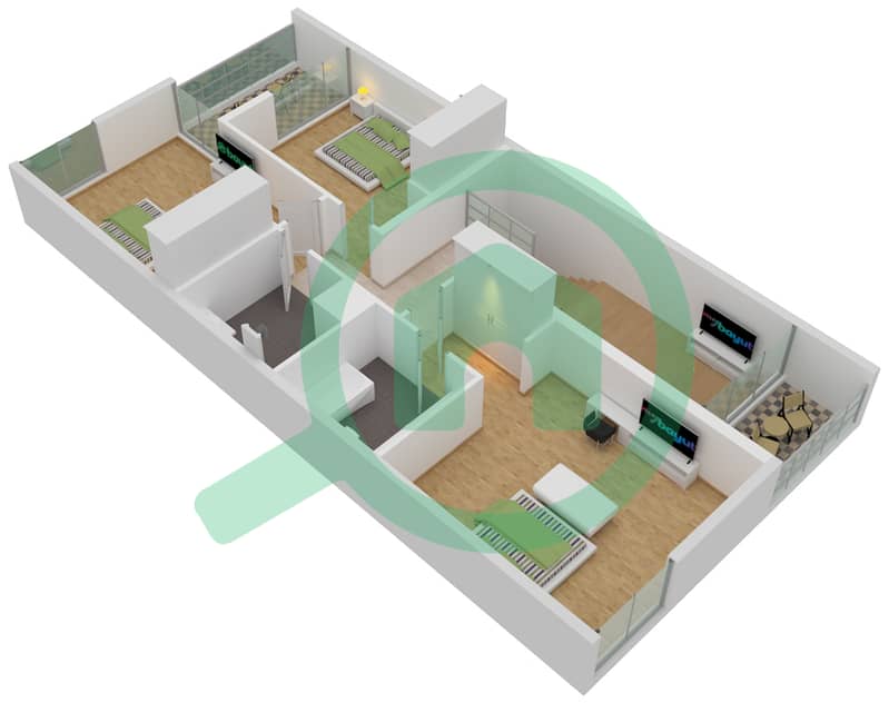 المخططات الطابقية لتصميم النموذج B تاون هاوس 3 غرف نوم - فلل سنديان First Floor interactive3D