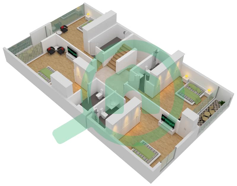 Виллы Сендиан - Таунхаус 4 Cпальни планировка Тип C First Floor interactive3D