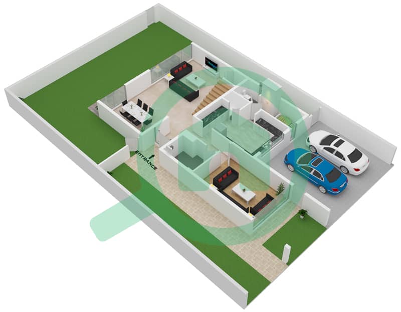 المخططات الطابقية لتصميم النموذج C تاون هاوس 4 غرف نوم - فلل سنديان Ground Floor interactive3D