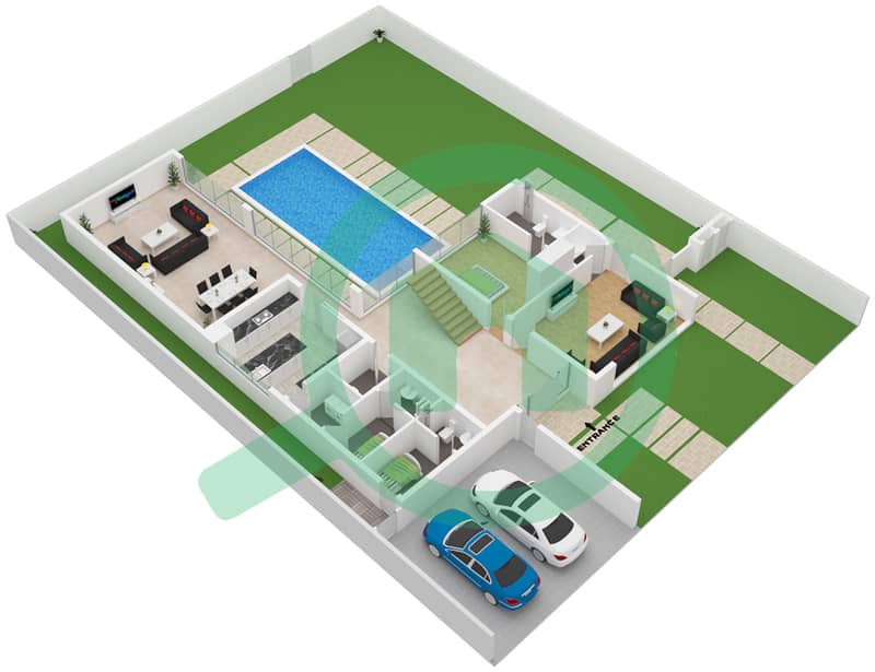 المخططات الطابقية لتصميم النموذج D تاون هاوس 5 غرف نوم - فلل سنديان Ground Floor interactive3D