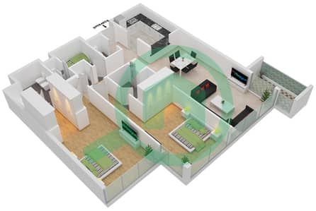 المخططات الطابقية لتصميم النموذج B-1-3 شقة 2 غرفة نوم - روز ليفينج