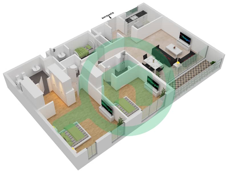 Роузбэй Ливинг - Апартамент 2 Cпальни планировка Тип C1-1-3 interactive3D