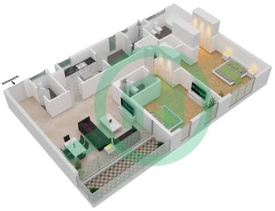 المخططات الطابقية لتصميم النموذج C2-1-3 شقة 2 غرفة نوم - روز ليفينج