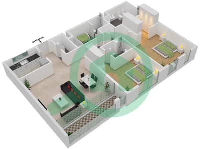 المخططات الطابقية لتصميم النموذج C3-1-3 شقة 2 غرفة نوم - روز ليفينج