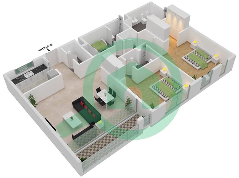 玫瑰湾生活馆 - 2 卧室公寓类型C3-1-3戶型图 interactive3D