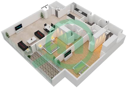 المخططات الطابقية لتصميم النموذج D شقة 2 غرفة نوم - روز ليفينج