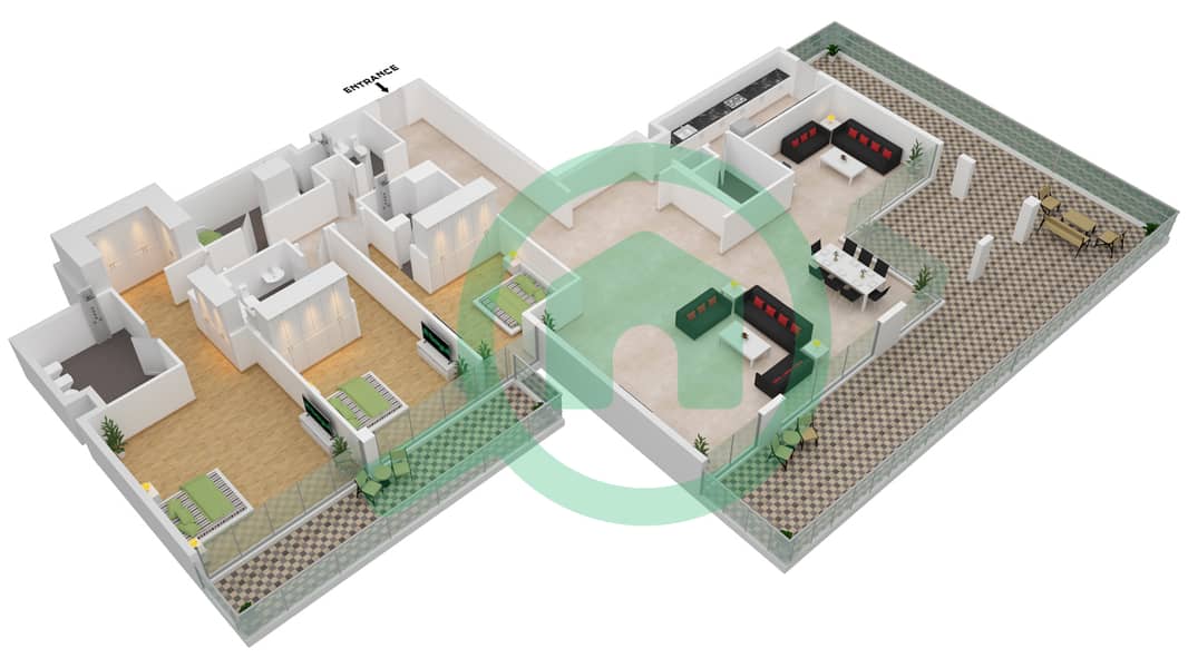 المخططات الطابقية لتصميم النموذج B شقة 3 غرف نوم - روز ليفينج interactive3D