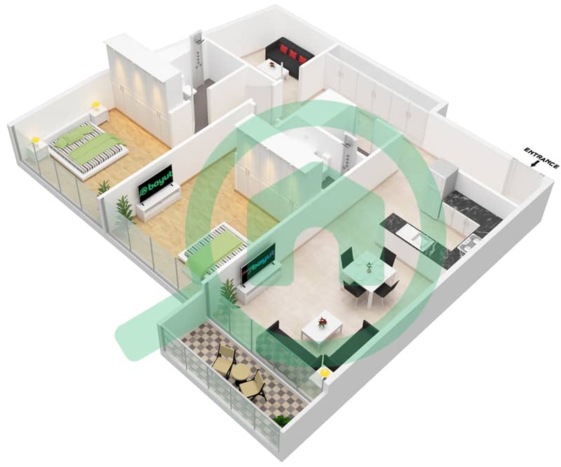المخططات الطابقية لتصميم النموذج F شقة 2 غرفة نوم - لمى21 interactive3D