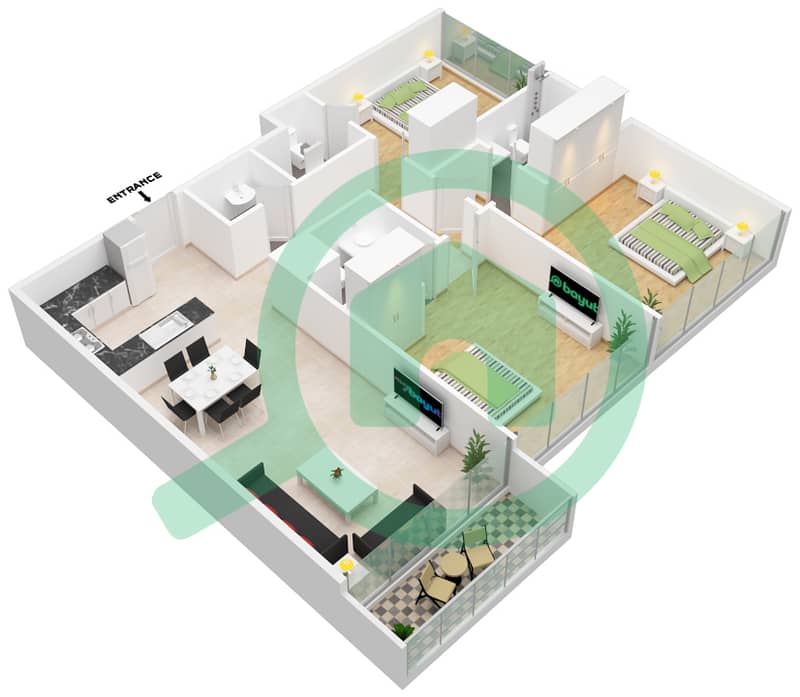 المخططات الطابقية لتصميم النموذج G شقة 2 غرفة نوم - لمى21 interactive3D