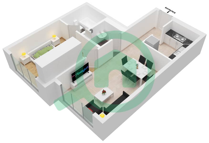 المخططات الطابقية لتصميم النموذج F شقة 1 غرفة نوم - القرم ريزيدنس interactive3D
