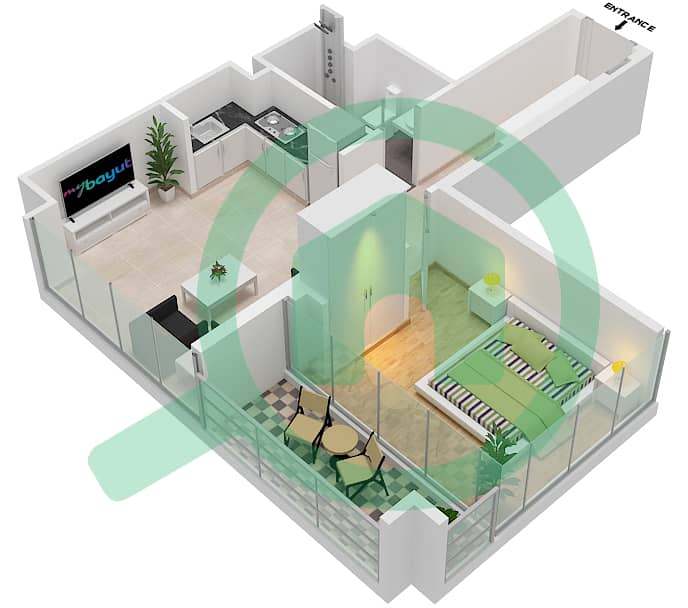 المخططات الطابقية لتصميم النموذج / الوحدة T1-11 شقة 1 غرفة نوم - بنينسولا 2 interactive3D