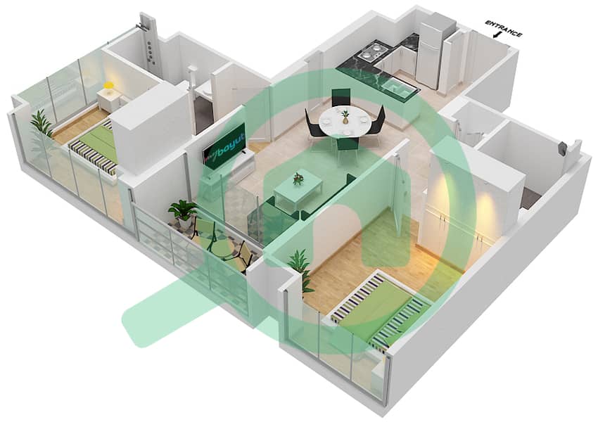 المخططات الطابقية لتصميم النموذج / الوحدة TB-2 شقة 2 غرفة نوم - بنينسولا 2 interactive3D