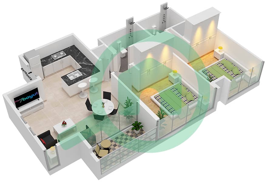 المخططات الطابقية لتصميم النموذج / الوحدة TE-5 شقة 2 غرفة نوم - بنينسولا 2 interactive3D