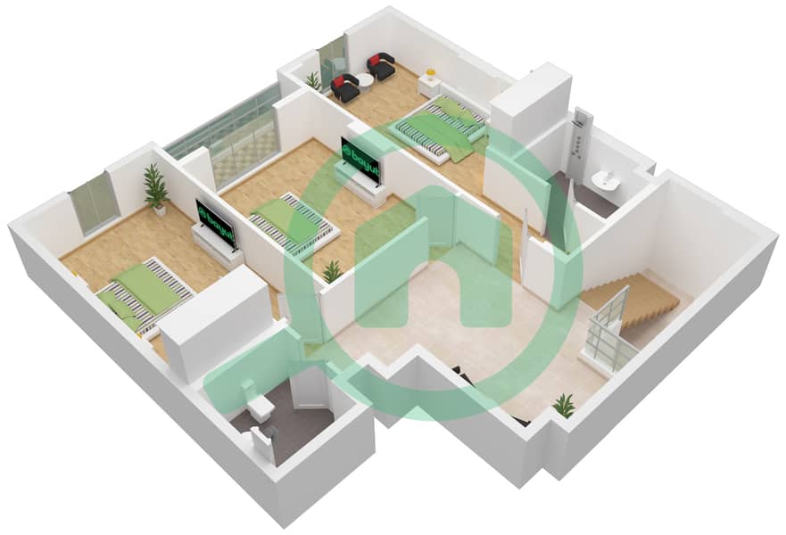 المخططات الطابقية لتصميم النموذج B شقة 4 غرف نوم - القرم ريزيدنس Upper Floor interactive3D