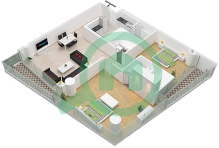 المخططات الطابقية لتصميم النموذج S01 شقة 2 غرفة نوم - برج سكاي جاردنز