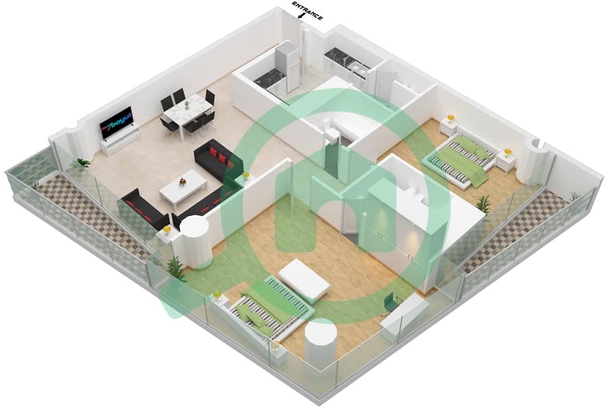 空中花园大厦 - 2 卧室公寓类型S01戶型图 interactive3D