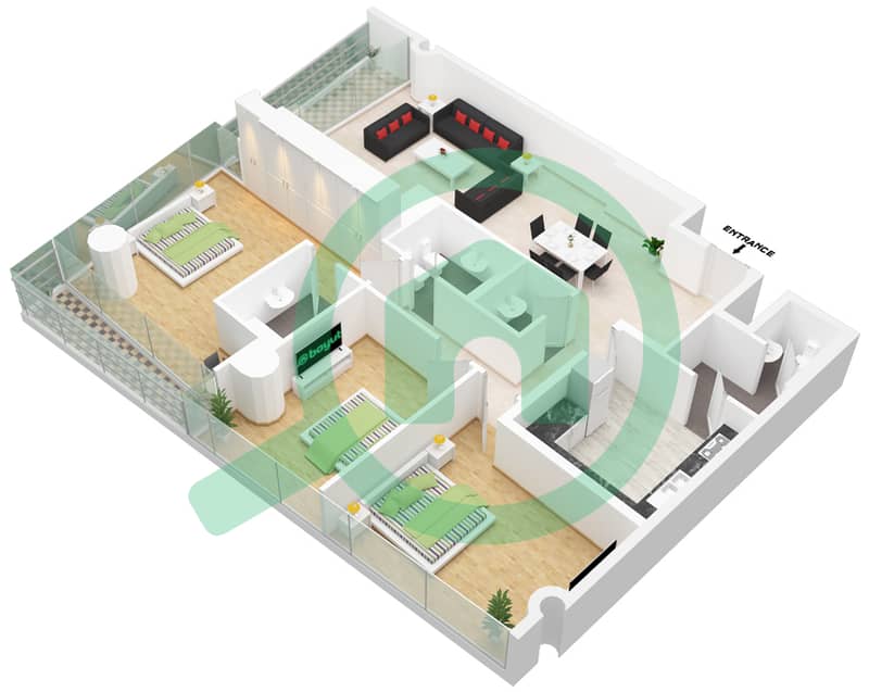 المخططات الطابقية لتصميم النموذج S03 شقة 3 غرف نوم - برج سكاي جاردنز interactive3D