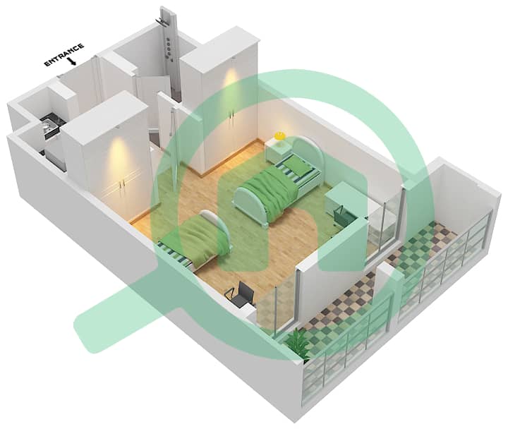 المخططات الطابقية لتصميم النموذج A-2 شقة 1 غرفة نوم - نست سكن طلاب interactive3D