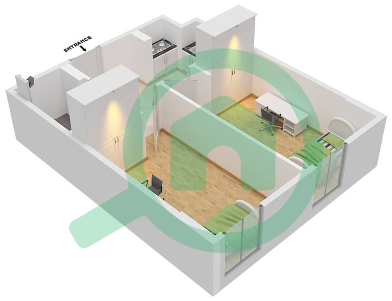 Студенческое жилье Нест - Апартамент 2 Cпальни планировка Тип B interactive3D