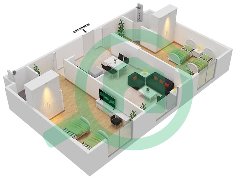 Студенческое жилье Нест - Апартамент 2 Cпальни планировка Тип A interactive3D