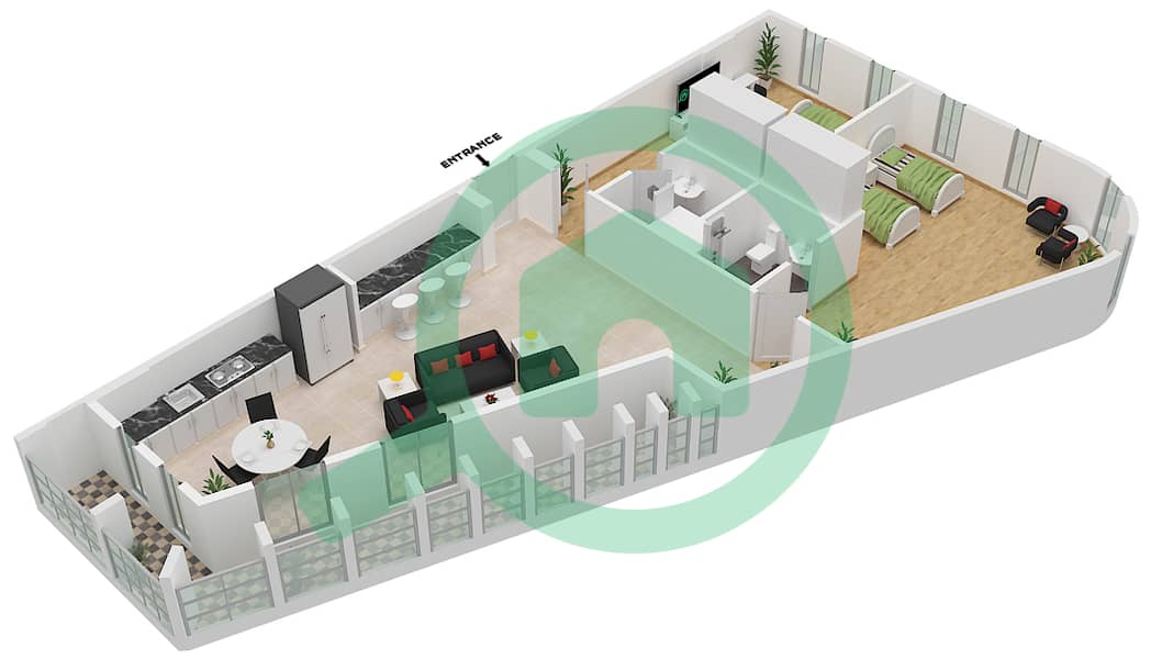 Nest Student Accommodation - 2 Bedroom Apartment Type B Floor plan interactive3D