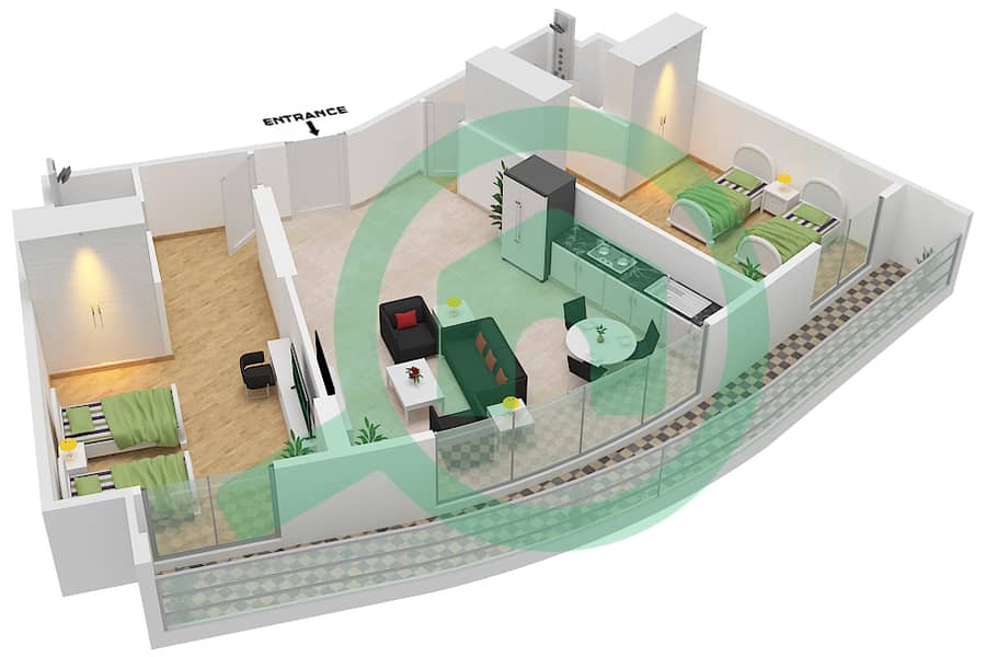 المخططات الطابقية لتصميم النموذج C شقة 2 غرفة نوم - نست سكن طلاب interactive3D