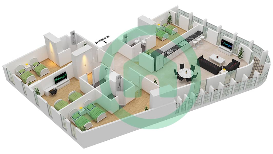 المخططات الطابقية لتصميم النموذج A شقة 4 غرف نوم - نست سكن طلاب interactive3D
