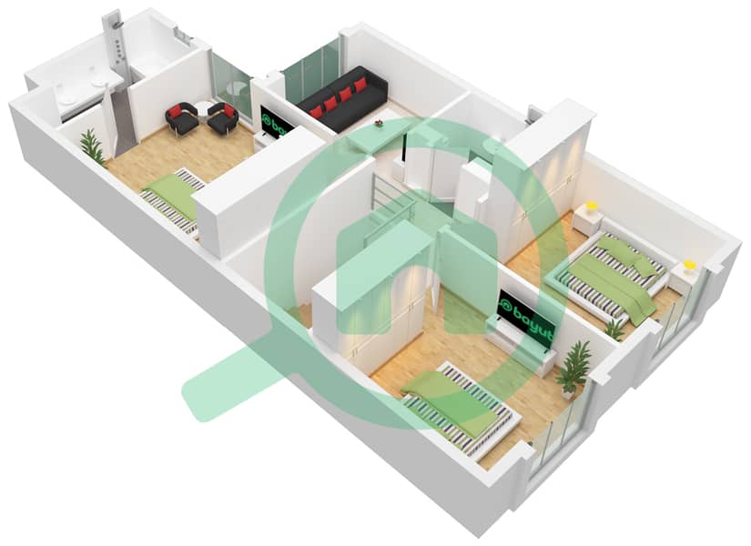 المخططات الطابقية لتصميم النموذج / الوحدة C MID UNIT فیلا 3 غرف نوم - مدينة الشارقة المستدامة First Floor interactive3D