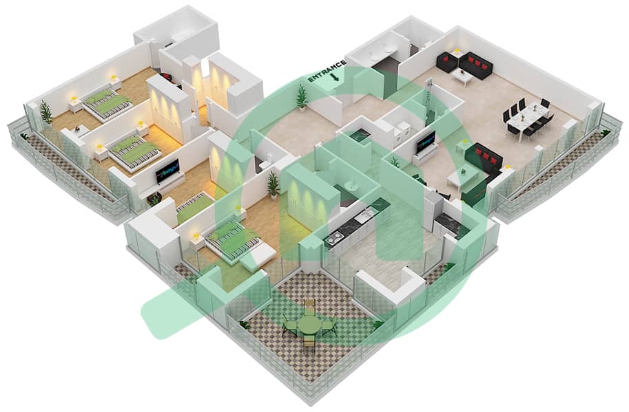 المخططات الطابقية لتصميم الوحدة 8001 شقة 4 غرف نوم - برج الأميرة image3D