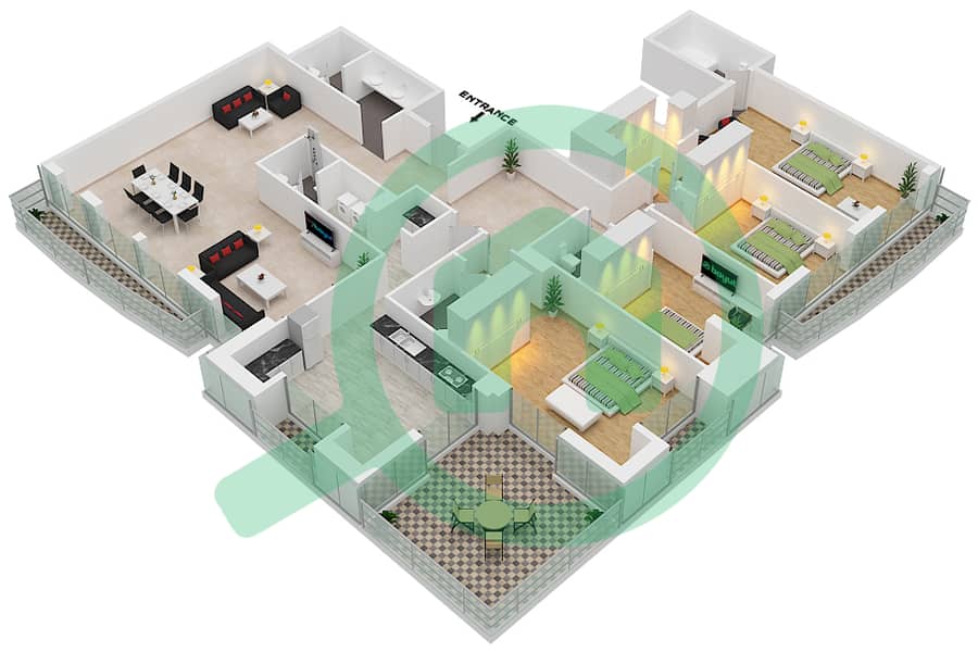 المخططات الطابقية لتصميم الوحدة 8002 شقة 4 غرف نوم - برج الأميرة image3D