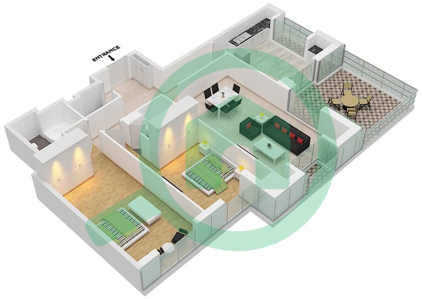 المخططات الطابقية لتصميم الوحدة 8003 شقة 2 غرفة نوم - برج الأميرة image3D