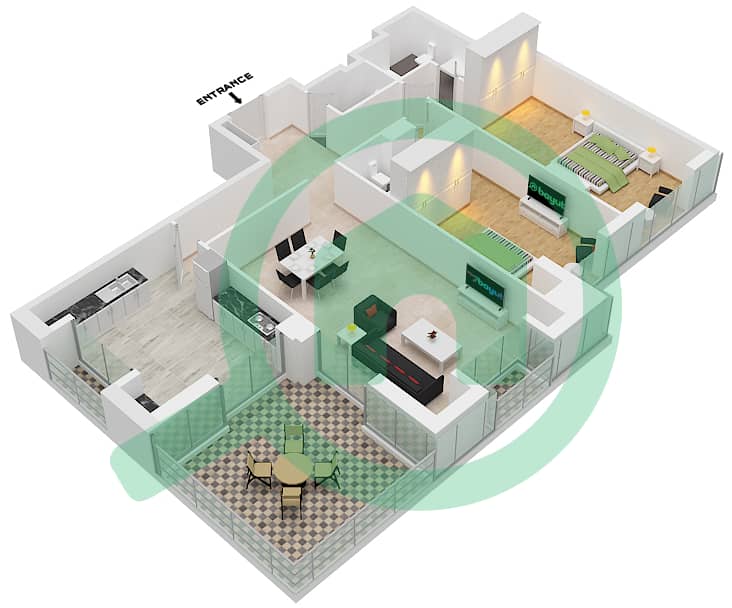 المخططات الطابقية لتصميم الوحدة 8006 شقة 2 غرفة نوم - برج الأميرة image3D