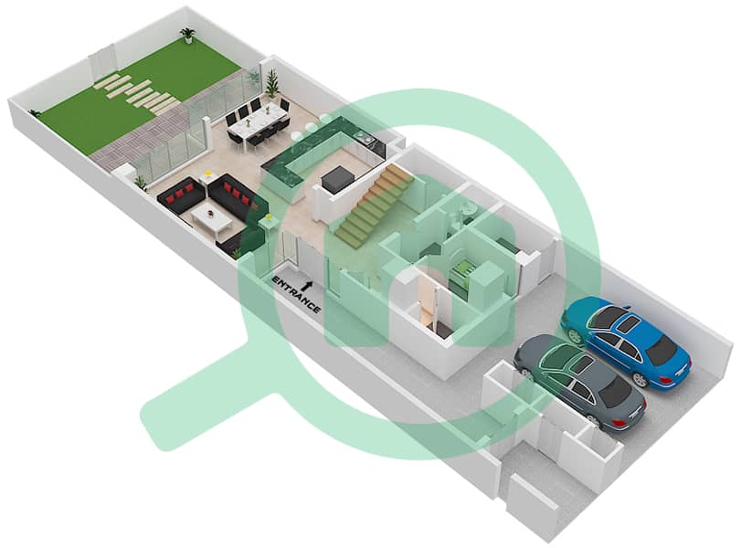 المخططات الطابقية لتصميم النموذج B فیلا 3 غرف نوم - میناء العرب Ground Floor interactive3D