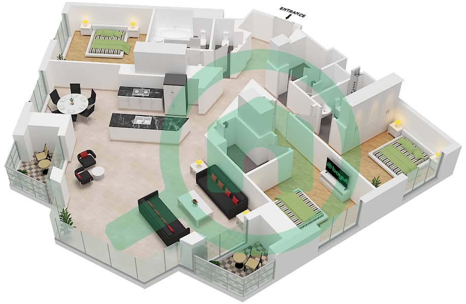 المخططات الطابقية لتصميم الوحدة UNIT 2, FLOOR 3-31, 33-45 شقة 3 غرف نوم - فيدا ريزيدنس داون تاون interactive3D